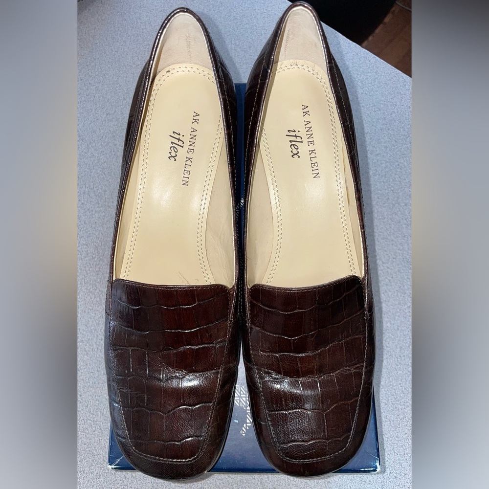 Anne Klein Brown Croc-Embossed Leather Loafers